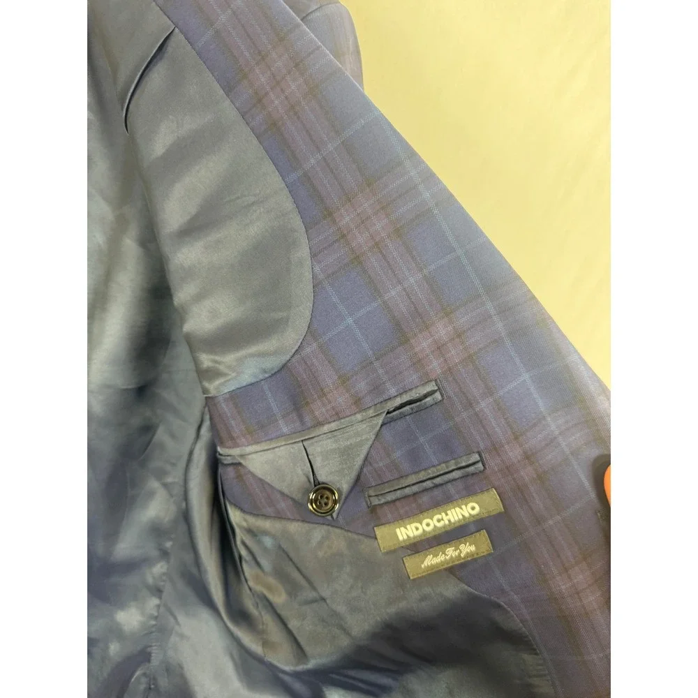 Indochino Mens 36 Navy Blue Plaid 100% Wool Peak 2-Button Blazer Suit Jacket